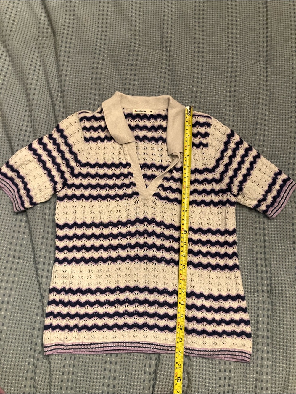 Marine Layer Cream and Navy Open-Knit V-Neck Polo Sweater